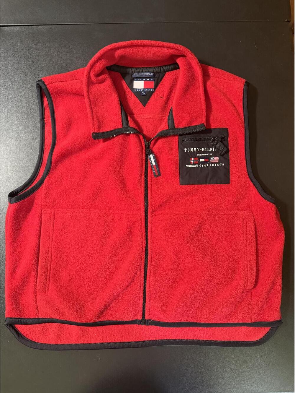 Vintage 90s Tommy Hilfiger Red Fleece Vest XL Full Zip Flag Pocket